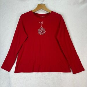 Talbots Womens 1X Red Long‎ Sleeve T-Shirt Ornament Bling Holiday Christmas